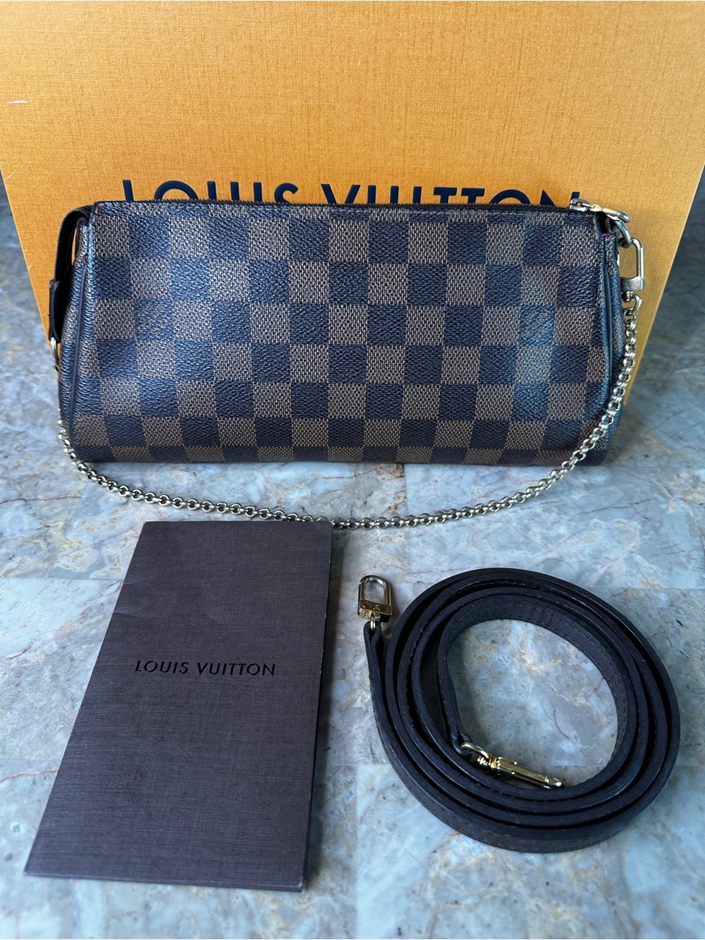 Louis Vuitton Damier Ebene Pochette with Gold Plate and Chain - Picture 2 of 9